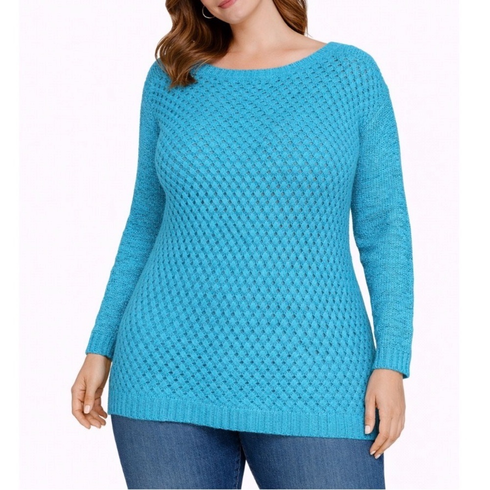 Soft Surroundings loose knit sweater teal tunic long SZ M crew neck top